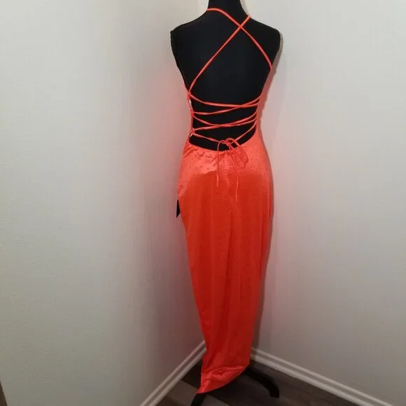 Lulus Womens Medium Coral Halter Long Dress Rhinestone HOCO Formal Prom NWT - Picture 3 of 15